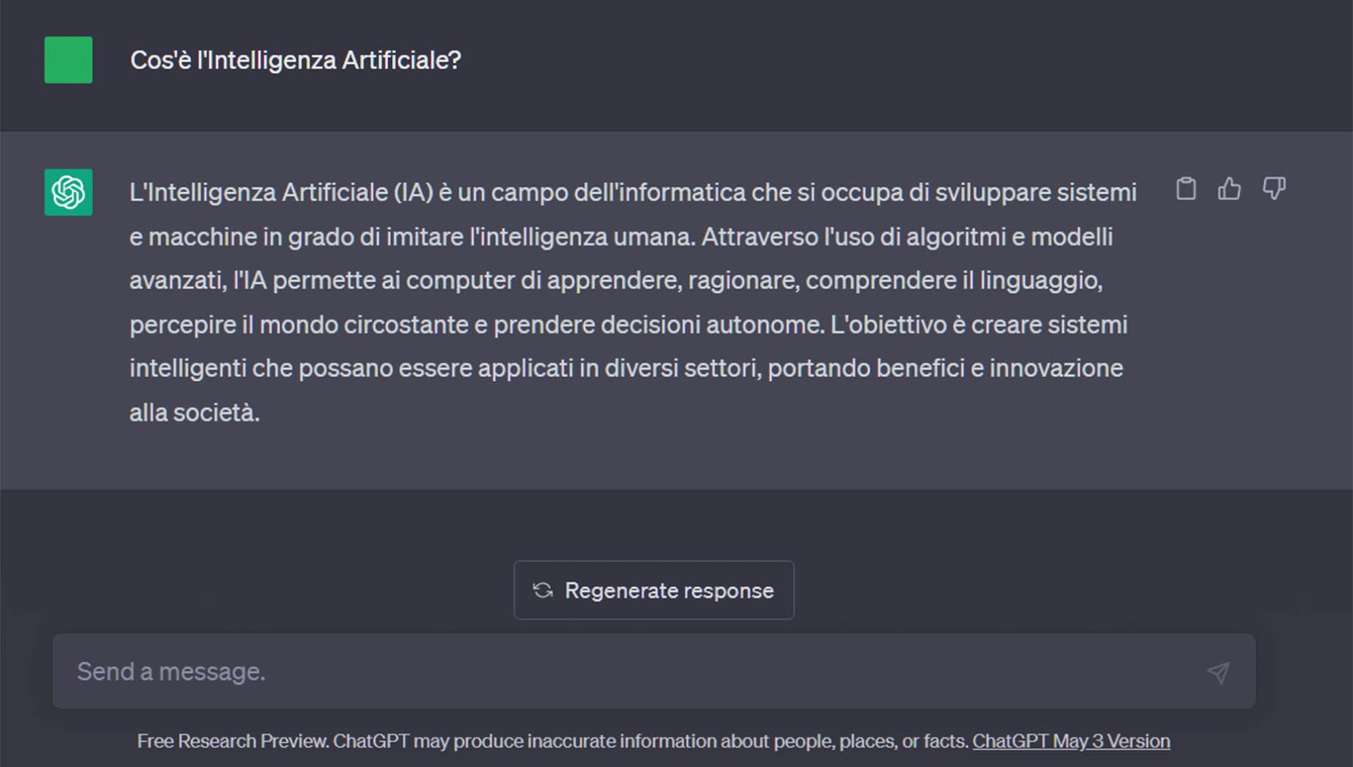 Screenshot del prompt di ChatGPT sulla domanda su cosa sia l'Intelligenza Artificiale